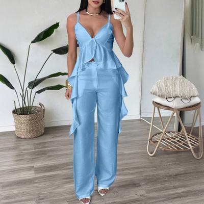 Women's V-Neck Top with Pants Ruffled Camisole Top with Straight Pants Breathable Commuter Suit Summer Casual Outfit for Office Party Street
