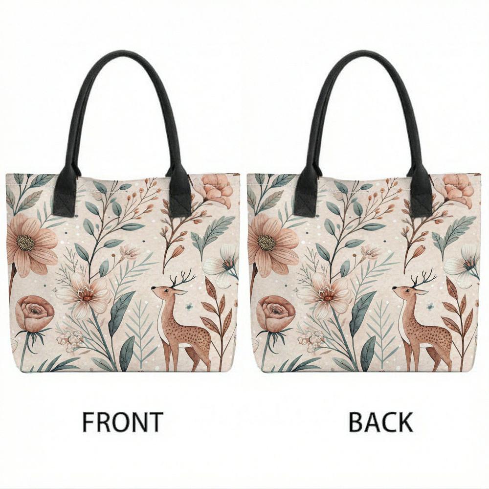 Floral Deer Print Tote Bag Cute Casual Large Capacity Shoulder Handbag for Daily Use