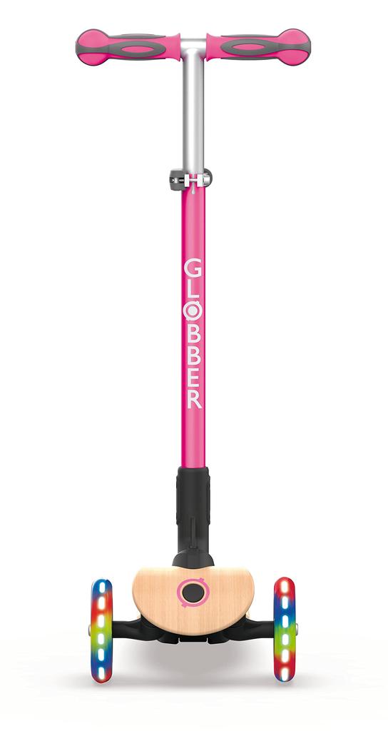 GLOBBER Kickboard Flash Light 3 Wheels Wood Deck Foot Brake Outdoor Play Kids Vehicle Kick Scooter Navy Pink WLGB436110 Primo/Foldable/Wood/Light