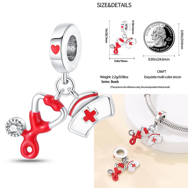 Medical Box Nurse Cap Heart Charms Tooth Stethoscope Beads Fit 3Mm Original Bracelet Women Copper Fine Charms Jewelry Gifts