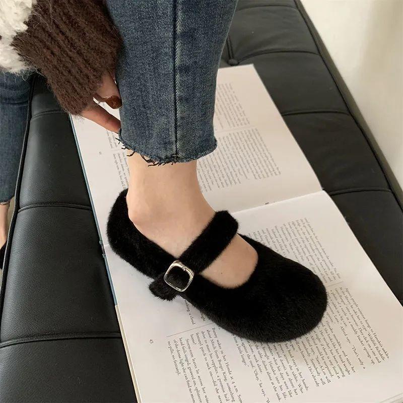 Korean Style Furry Mary Jane Flats for Women - Autumn & Winter Collection in Off-White & Black