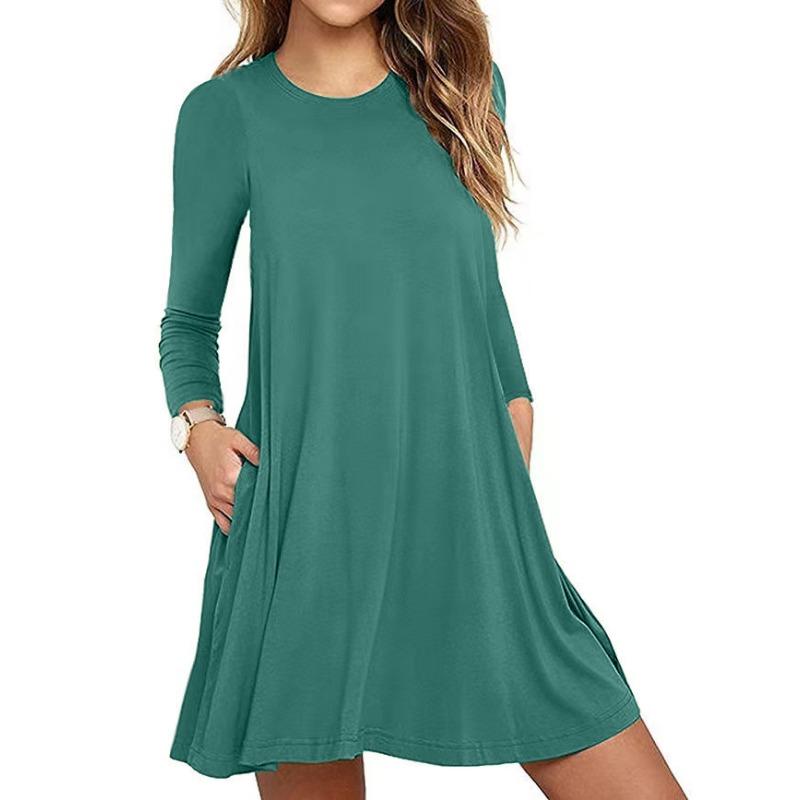 

Autumn Solid-colored Round-neck Pocket Women s Dresses 3XL зелёный