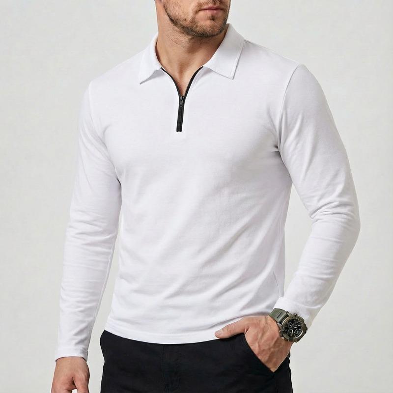 Men Turn Down Collar Half Zip Long Sleeve Polo Shirt Slim Fit Solid Casual Business Tops