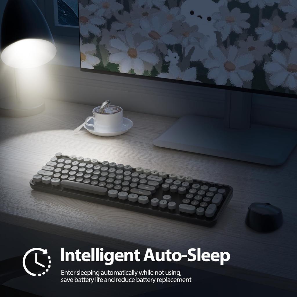 Czarna Klawiatura Bezprzewodowa i 104 Klawisze Pełnowymiarowa Urocza Kolorowa Klawiatura z Numerem Retro Piszmaszyna Okrągłe Klawisze dla Windows PC Układ USA Czarna Mysz,