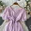 Summer Vintage Hollow Out Embroidered Midi Dress Women's V-neck Short Sleeve Elastic Waist Slim Long Dress