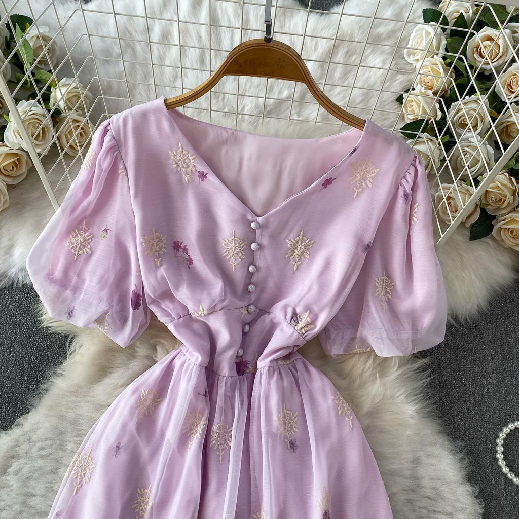 Summer Vintage Hollow Out Embroidered Midi Dress Women's V-neck Short Sleeve Elastic Waist Slim Long Dress