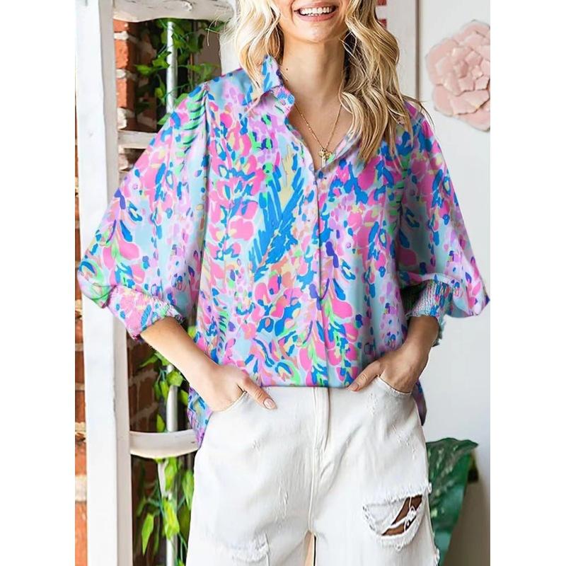 Tooxika New Women's Long-sleeved Printed Tops Lapel Lantern Sleeve Shirts For Women