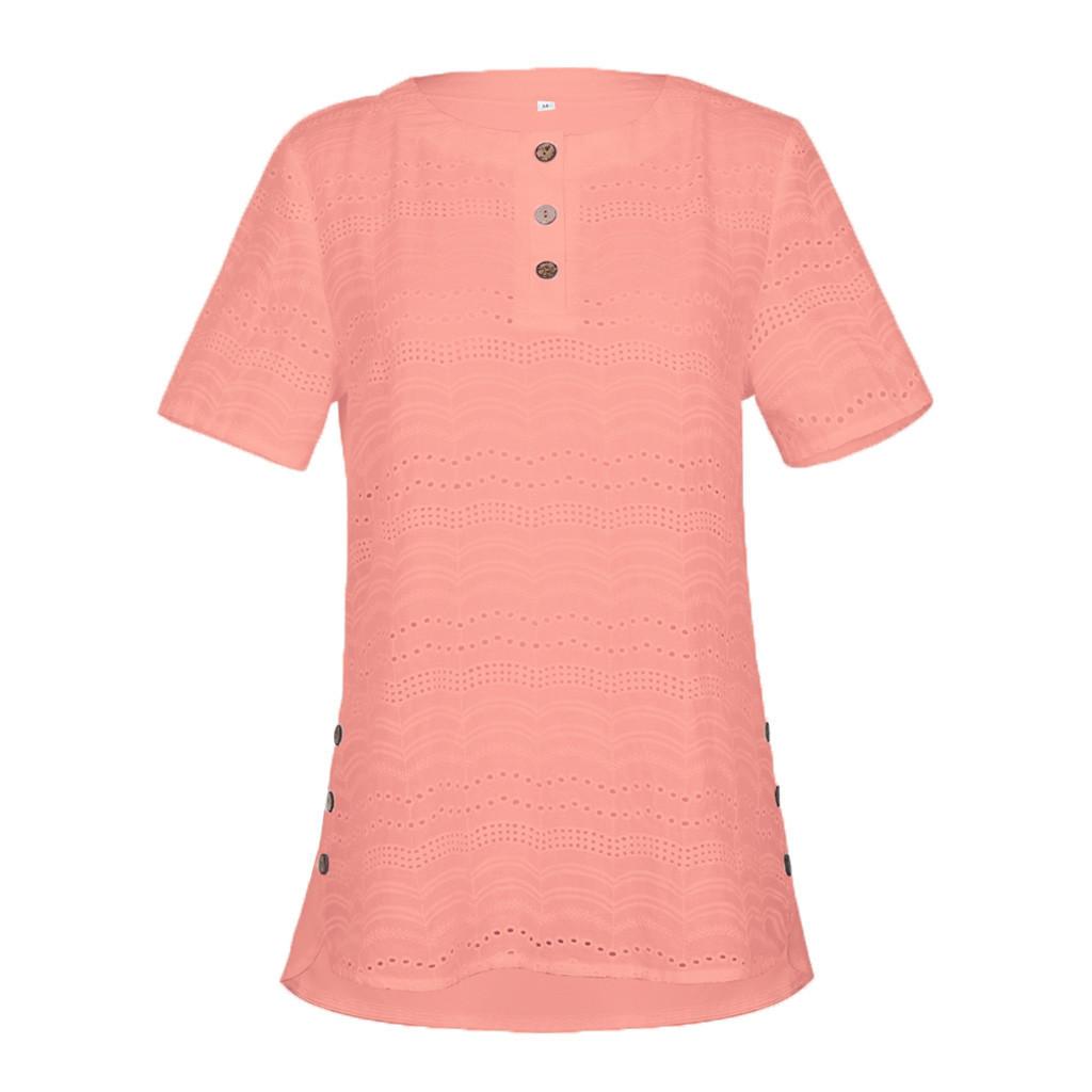 Damen Tops Casual Rundhals T-Shirts T-Shirts Ösen Spitze Panel Knöpfe Shirts