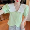 Summer Womens Blouse With Bubble Sleeves And French Collared Design For Casual Wear