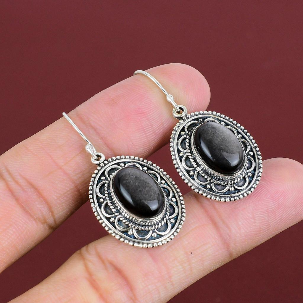 Silver Sheen Obsidian Gemstone Earring Stylish Vintage Earrings Handmade Jewelry 925 Sterling Silver Earring Antique Earrings Gifts For Wife