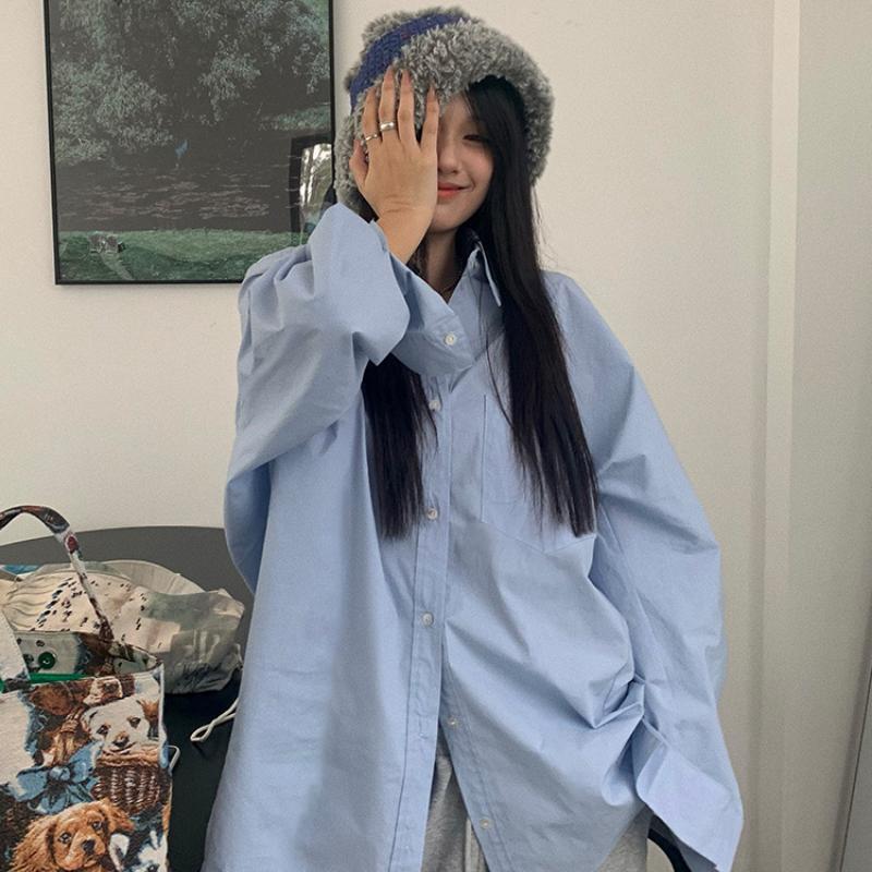Women Blouses Basic Korean Fashion Long Sleeve White Black Shirts Oversized Streetwear Chic Female Cardigan All-match