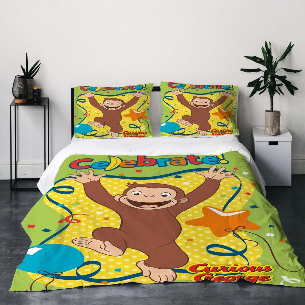 Festive Christmas Gift Curious George Quilt Cover Set, Twin Size 3-Piece, Duvet Cover, Lightweight Bedding for Holiday Gifting Birthday.