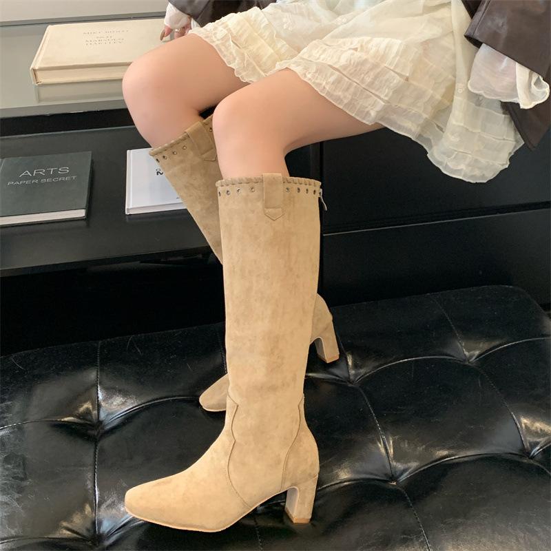 2025 new fashionable thick heel high boots but knee thin boots French square head rivet hole long boots high heel boots