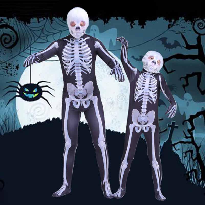 Unisex Parent-child Skeleton Man Costume Jumpsuit With Spooky Mask For Halloween Fun