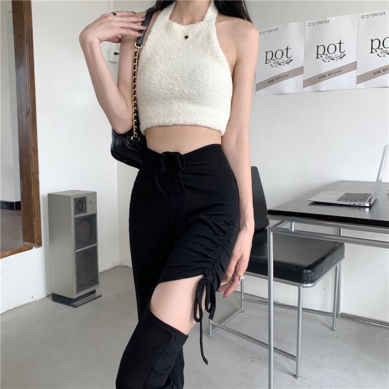 Women's Gray Ripped Micro Flare Drawstring Pants - Trendy, Versatile Summer Niche Casual Wear