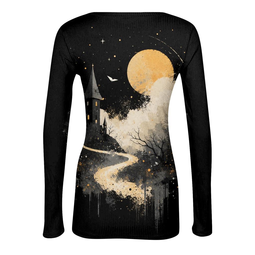 Womens Long Sleeve Halloween Print Fitted Crew Neck Base Layer T Shirt Slim Fit Stretchy Top for Casual Wear