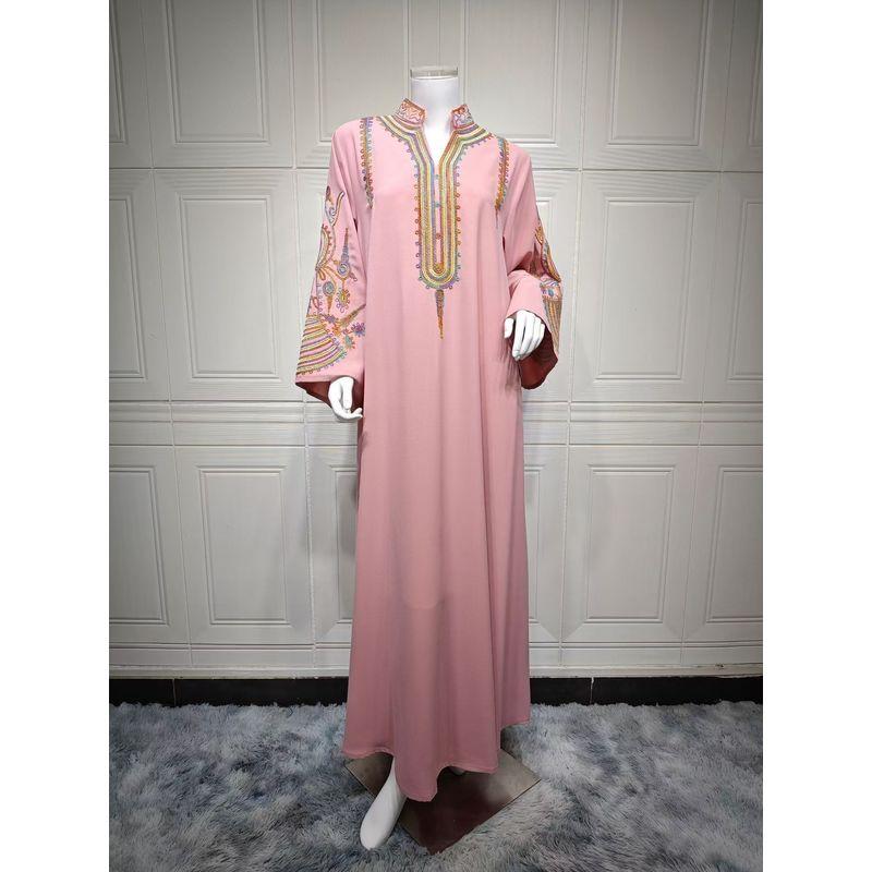 

Middle East New Embroidery Rope Embroidered Robe Dress Standing Collar Embroidered Dress Pink 2XL