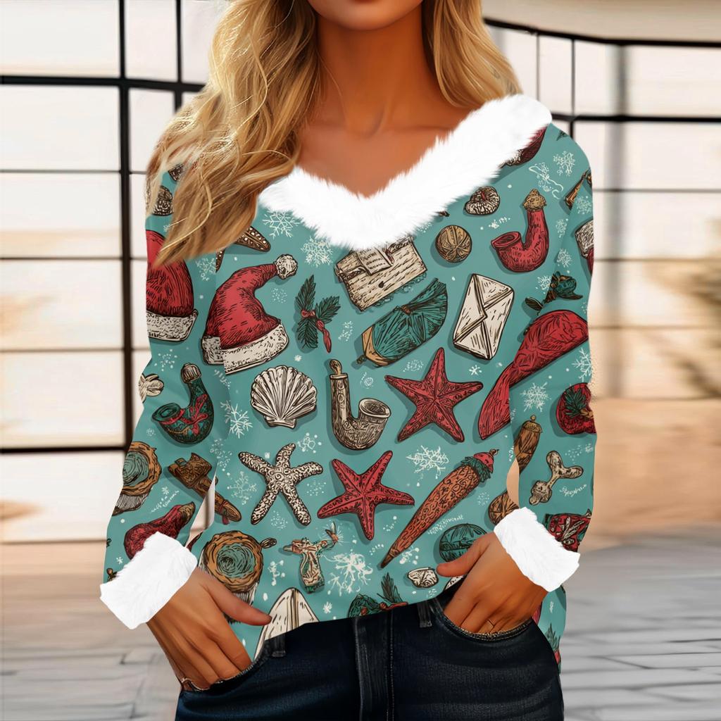 Women's Casual Fashion Long Sleeve Christmas Printed Flannel Collar Top