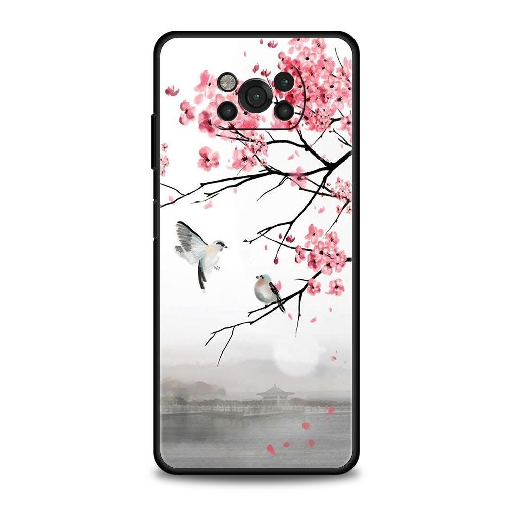 

Чехол для телефона для Xiaomi Poco X6 X5 X4 Pro 5G X3 NFC F5 F4 M5 M4 M3 F3 GT C51 C50 C55 Мягкий силиконовый Черный чехол Дерево с вишневыми цветами Poco M4 Pro