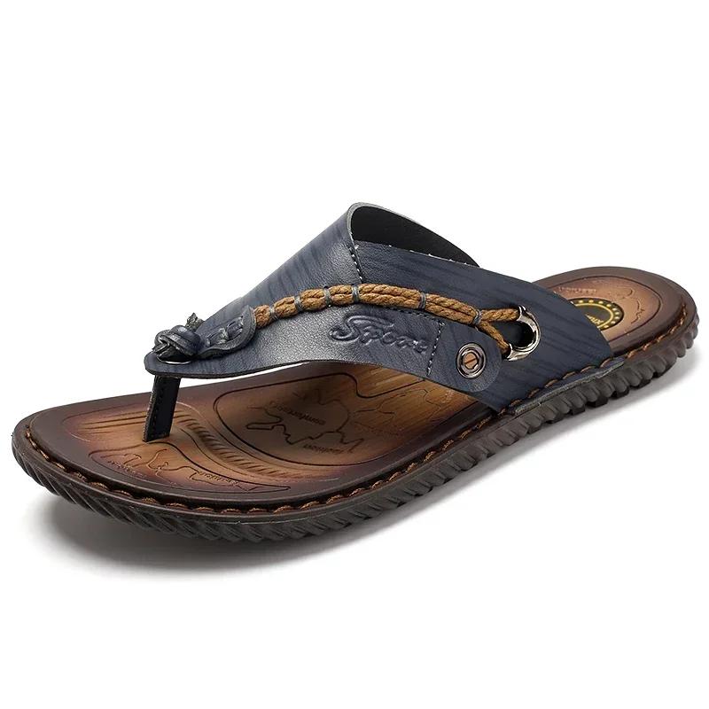 Fashion Summer Men Casual Casual Leather Flip Flops Slippers Flat Designer Soft Bottom Outdoor Slipper Breathable Beach Walking Shoes
