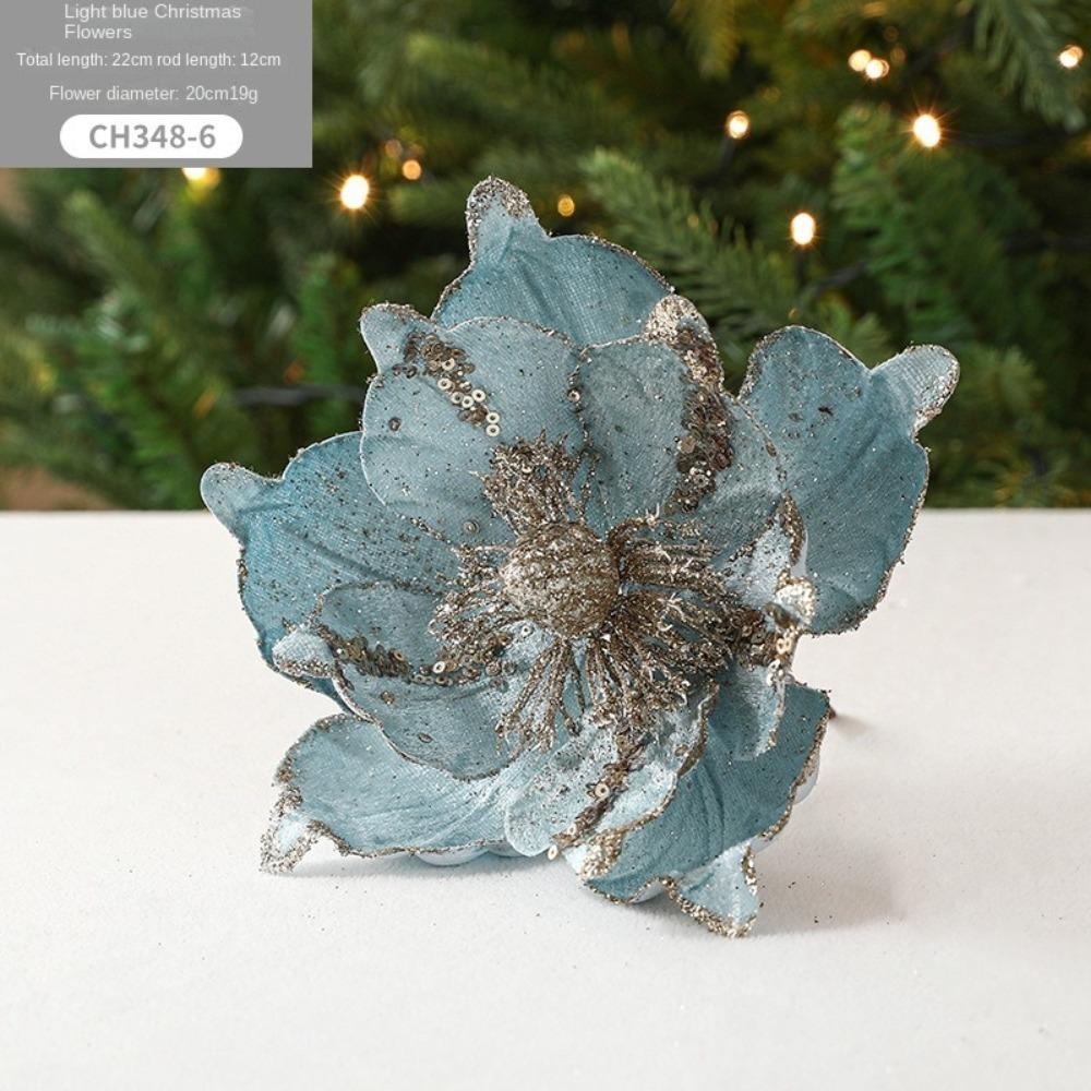 

New 20cm Christmas Flowers DIY Fake Flowers Poinsettia Glitter Flower Wedding Decor Hanging Ornaments Xmas Tree Decorations синій
