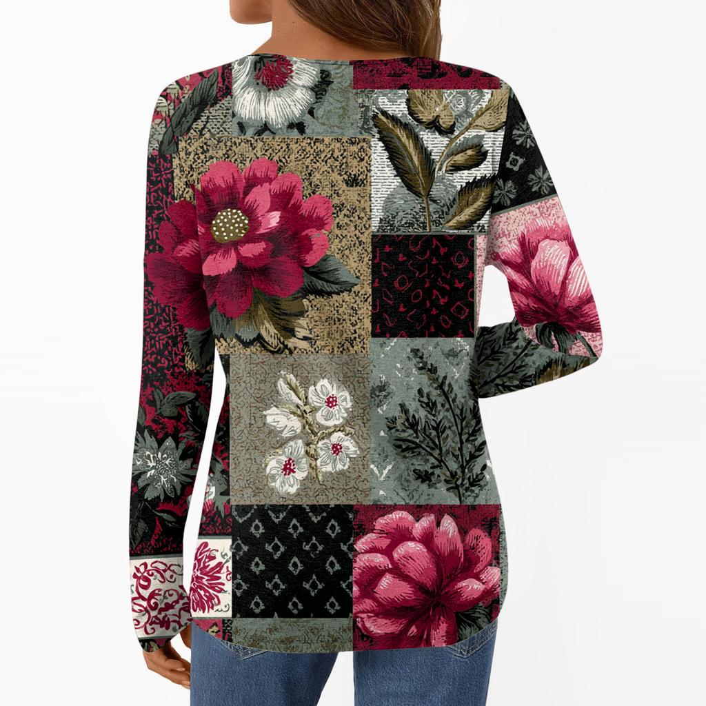 Women's Casual Fashion Brushed Retro Floral Print Long Sleeve V-Neck Top T-Shirt