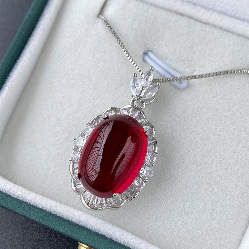 Jewelry Ice Seed Fluorescent Denier Pigeon Blood Red Corundum Plain Body Jade Pendant Set Main Stone 13 * 18-10