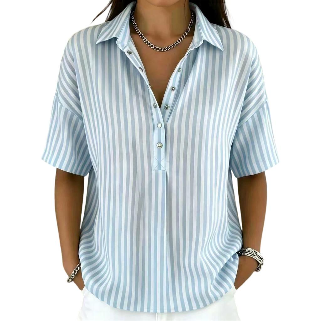 Women Striped Collared Button Down Short Sleeve Loose Fit Casual Top Lightweight Blouse for Everyday Wear Office School Travel
