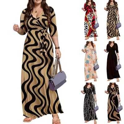 Women Casual 3/4 Sleeve Summer Dresses  Spring V  Neck Boho Floral Ruffle Cocktail Party  Dress