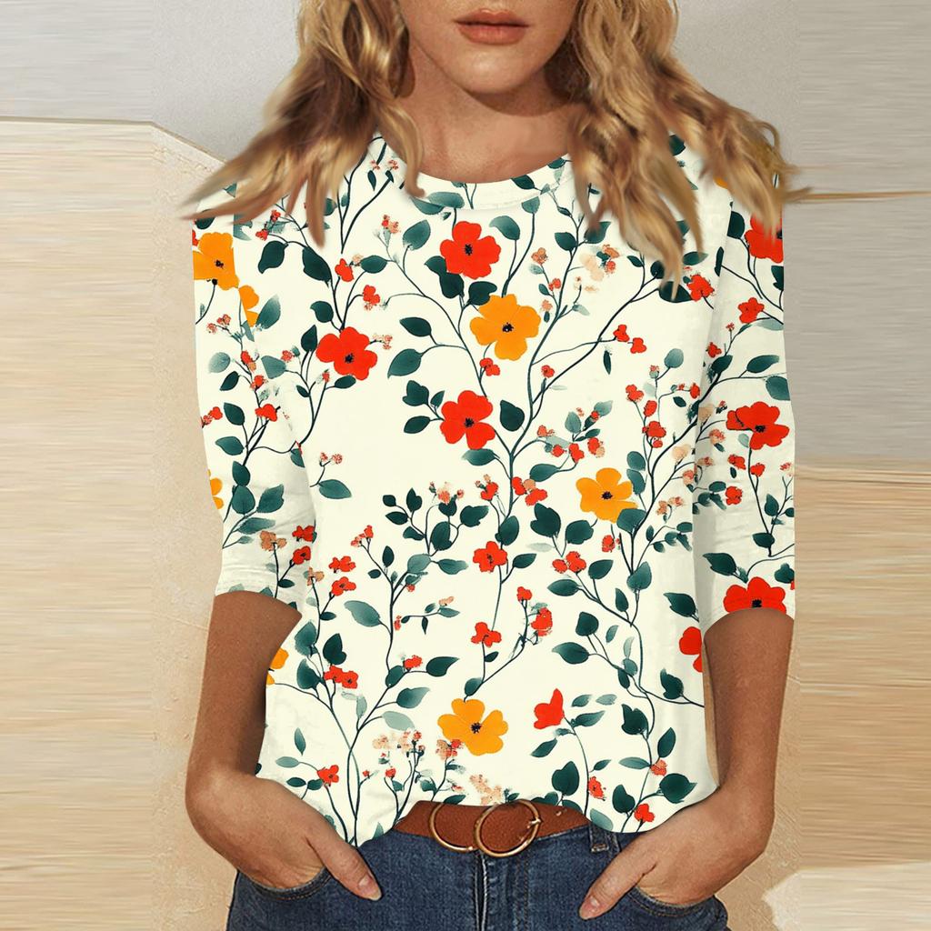 Women's Fashionable Casual Three Quarter Sleeve Printed Round Neck Top