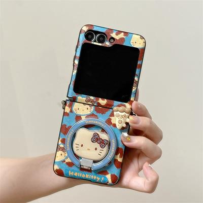 Moderne blaue Leopard-Print Hello Kitty Magnetische Handyhülle für Samsung Galaxy Z Flip 7 6 5 ZFlip6 ZFlip5 Hülle mit Ständer für Mag