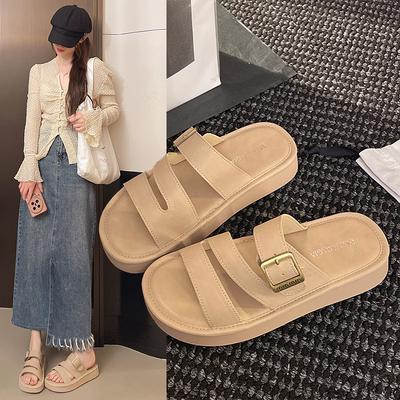 Chinelos de Moda Femininos Couro Natural de Vaca Solado Grosso Fivela de Marca Chinelos Confortáveis e Modernos