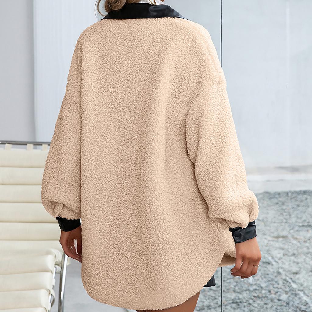 Women's  And Winter Loose Solid Color Stitching Long-sleeved Lapel Lambskin Single-breasted Warm Jacket Coat