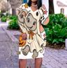 Women Plus Size V Neck Long Sleeve Fitted Halloween Sloth Pumpkin Printed Straight Hem Dress