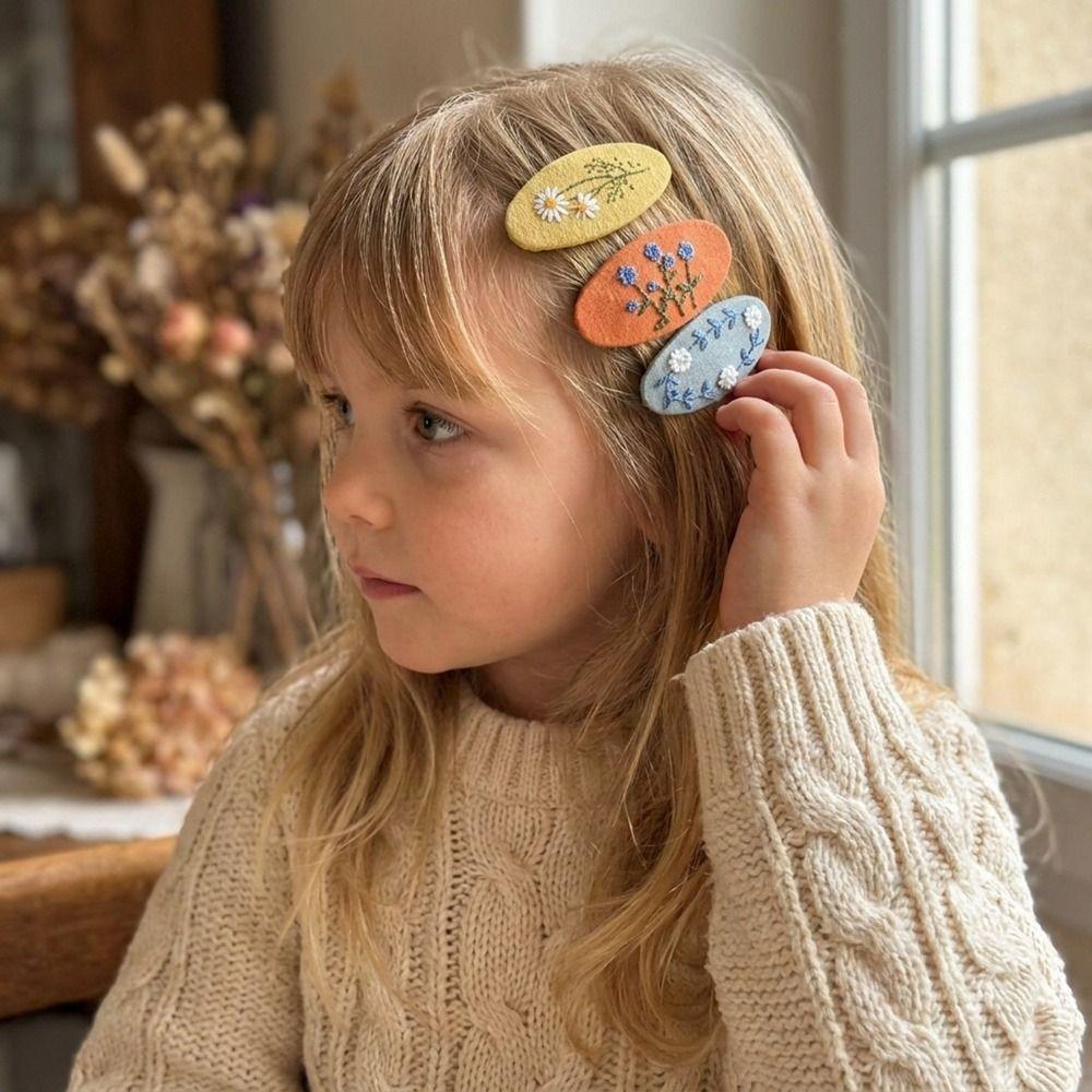 2Pcs/set Floral Embroidered Hairpin Set Oval Children's Hair Accessories Daily Use