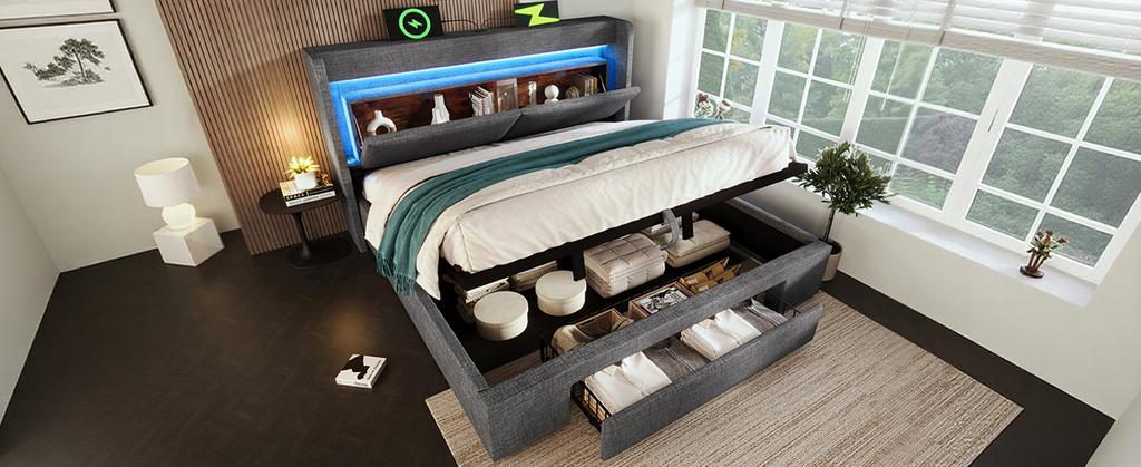 Upholstered Bed 160x200 Cm with Hydraulic Storage, Headboard Compartment, LED Lighting, USB & USB-C Port, Wood Slat Frame, Grey, Linen, No Mattress