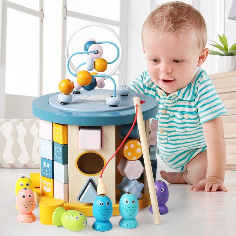 Wooden 11 In 1 Bead Fishing Shape Graphics Paired Toy For Boys Girls Baby Learning Activity