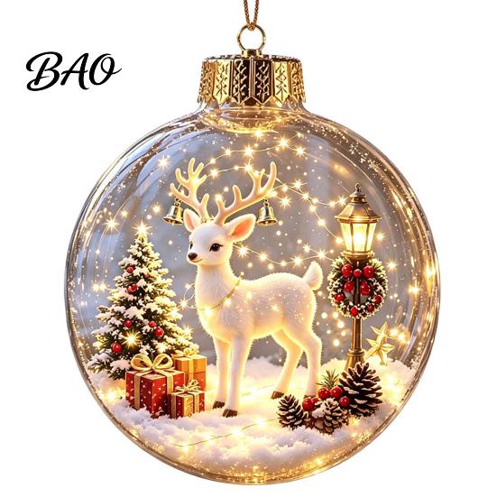 LED Christmas Indoor Decor Lighted Ornaments, 3D Miniature Scene Hanging Balls with Warm Light, Cute Party Supplies Reindeer Penguin Bear Clear