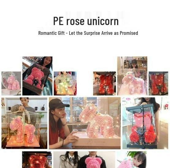 Qixi Unicorn Rose Preserved Flower & Teddy Bear Gift Set for Girlfriend or Kids