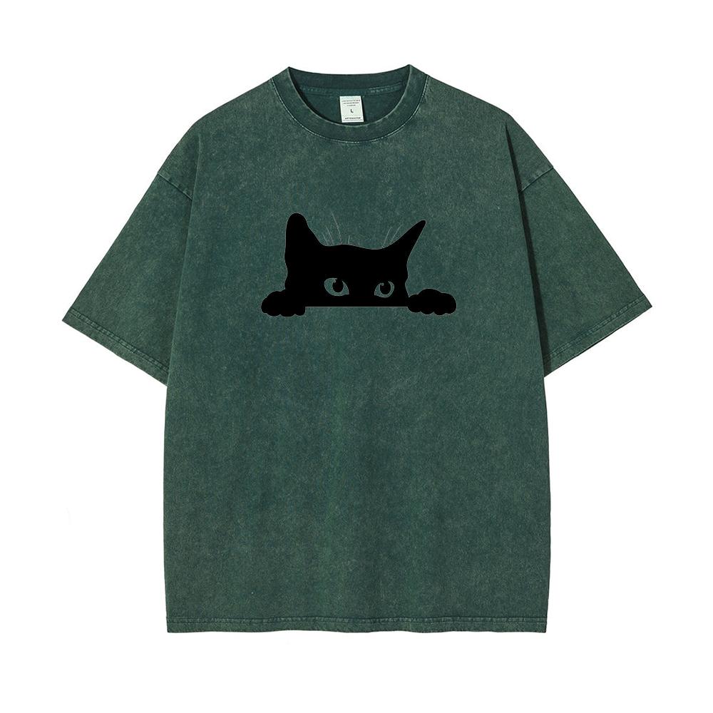 Summer Vintage Cat Printed Washed T-shirt Casual 2025 Short Sleeve Tees Holiday Sports O-Neck Harajuku Unisex Y2K Man Clothes