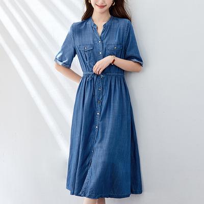 Sommer Temperament Tunnelzug Taille und Dünner V-Ausschnitt Sonnenschutz Denim Kleid Damen Altersreduzierend