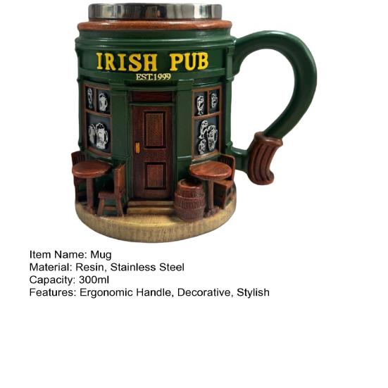Irish Pub Stein Beer Mug Sculpted Ceramic Coffee Cup with Classic Bar Design 300ml Embossed Tea Mug Gift for Beer Lovers