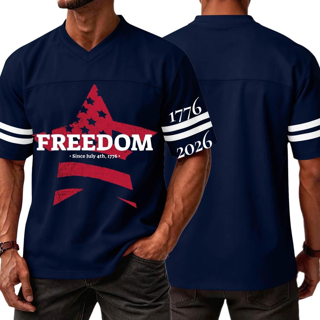 Men's Casual V Neck Short Sleeve Sports Jersey Top with Independence Day Lettering Graphic Print Freedom Since July 4th Patriotic Design