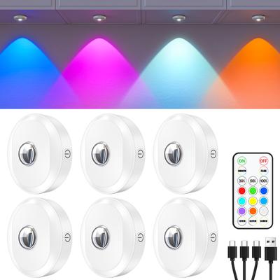 6 Pièces Veilleuses LED RGB Rechargeables avec Télécommande Gradateur Fonction de Minutage pour Armoire de Cuisine Étagère
