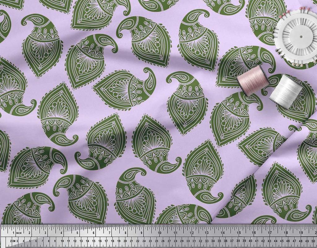Soimoi Blue Japan Crepe Satin Fabric Green Paisley Printed Craft Fabric by the metre 42 Inch