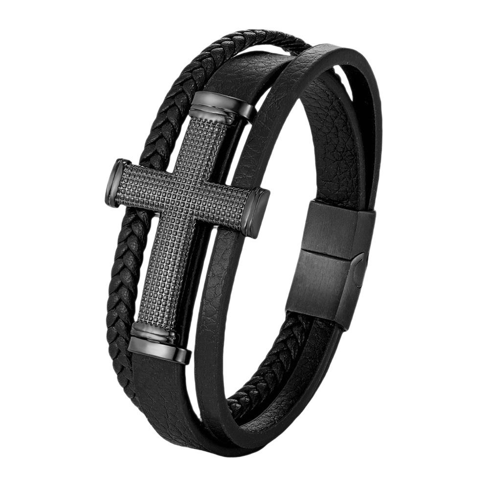2026 Men's Cross Leather Rope Bracelet, Black Braided, Magnetic Buckle Fashion Trendy Men's Bracelet