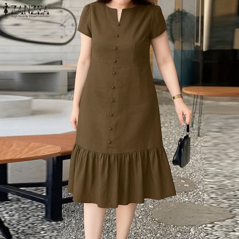 ZANZEA Women Summer Casual V-Neck Short Sleeve Dress