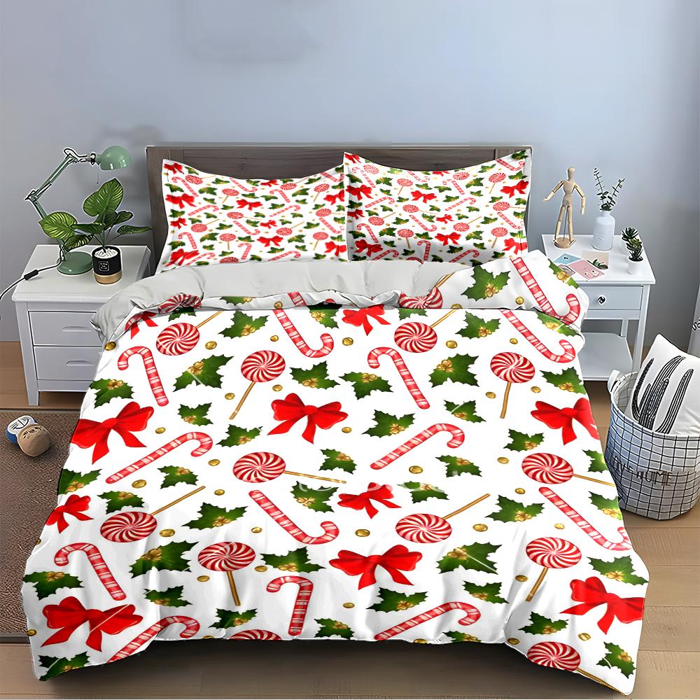 Christmas Candy Cane and Holly Bedding Set Bedding Set (1 Duvet Cover, 2 Pillowcases, Duvet Not Included)