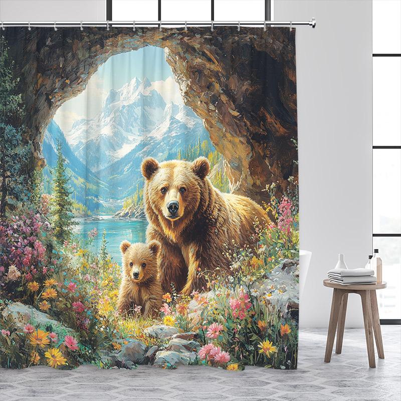 Wild Brown Bear Shower Curtains Nature Cave Animals Mountain Lakes Plants Flowers Bath Curtain Home Bathroom Decor with Hooks