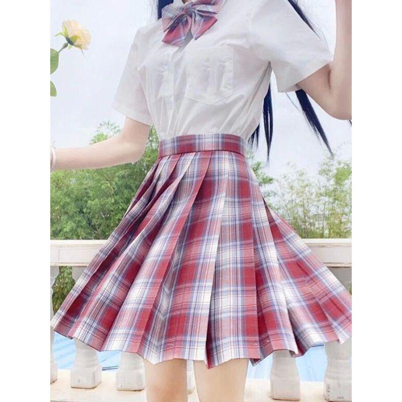 Grid Shaped High Waisted A- line Skirt Plaid High Waist Preppy Style A- line Skirt